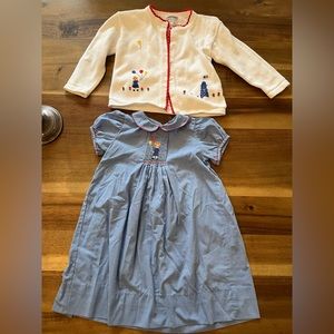 Girls Orient Expressed Blue Gingham Smocked Clown Dress, Matching Sweater, sz 3T